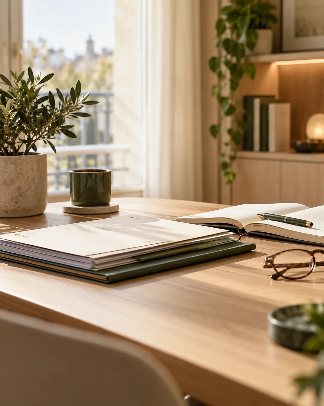 Documents et carnet disposés sur un bureau lumineux